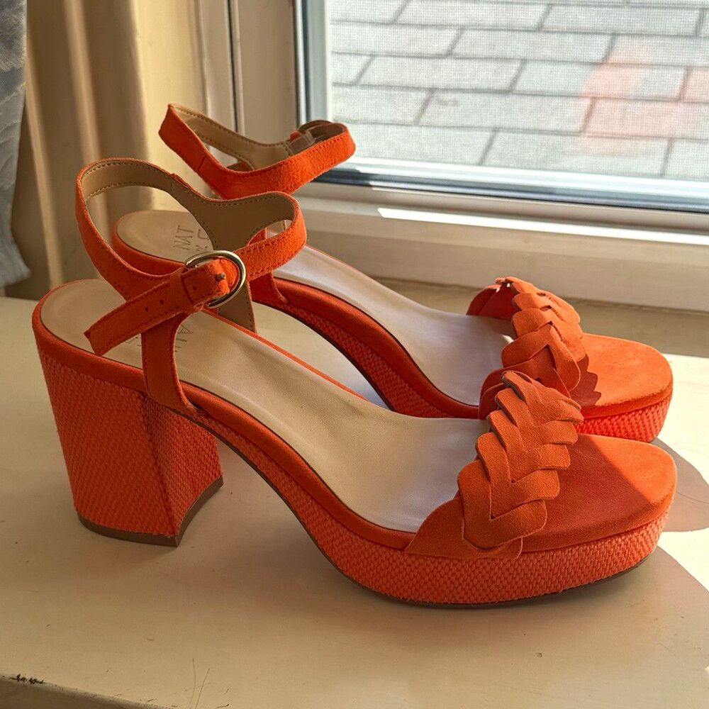 Naturalizer Pandora Women's Orange Leather Braided Ankle Strap Block Heel 9M
